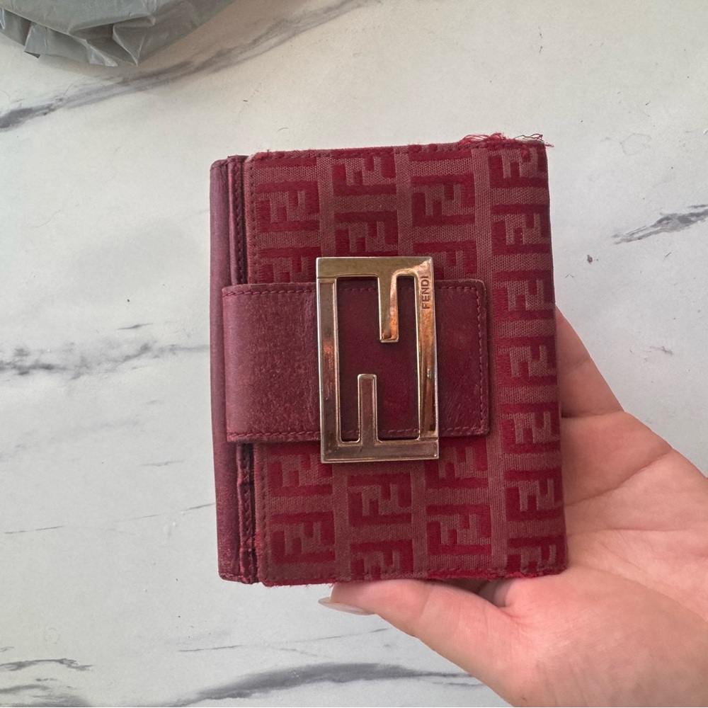 Fendi Red-Burgundy FF Logo Bi-Fold Wallet with Gold Buckle